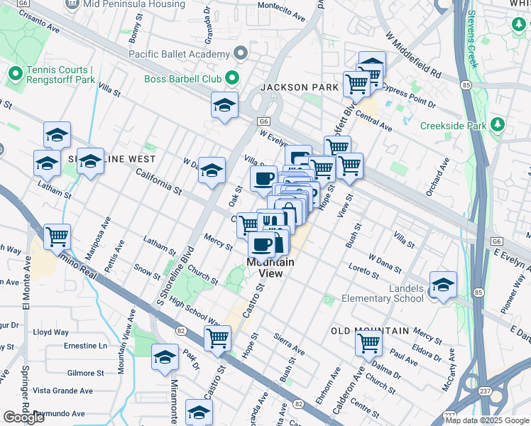 map of restaurants, bars, coffee shops, grocery stores, and more near 956 California Street in Mountain View