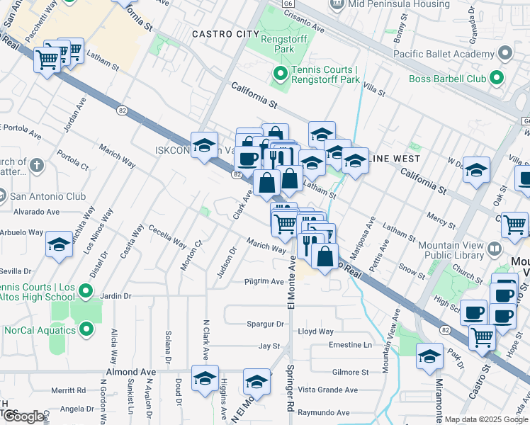 map of restaurants, bars, coffee shops, grocery stores, and more near 1755 Ednamary Way in Mountain View