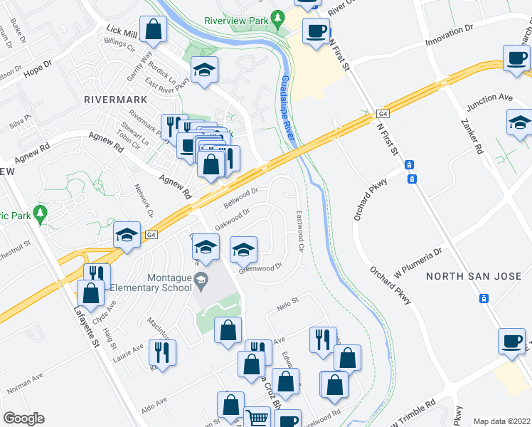map of restaurants, bars, coffee shops, grocery stores, and more near 507 Woodstock Way in Santa Clara