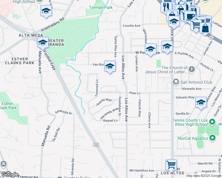 map of restaurants, bars, coffee shops, grocery stores, and more near 373 Pine Lane in Los Altos