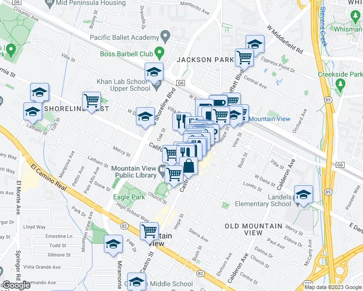 map of restaurants, bars, coffee shops, grocery stores, and more near 342 Bryant Street in Mountain View