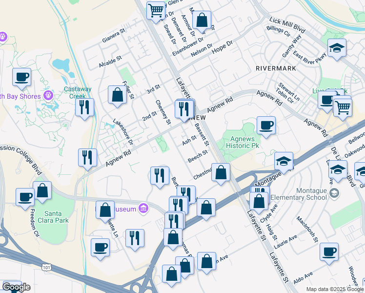 map of restaurants, bars, coffee shops, grocery stores, and more near 4154 Cheeney Street in Santa Clara