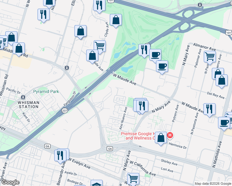 map of restaurants, bars, coffee shops, grocery stores, and more near 466 Costa Mesa Terrace in Sunnyvale