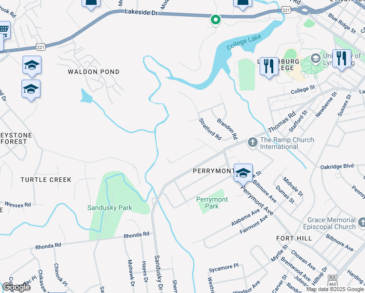 map of restaurants, bars, coffee shops, grocery stores, and more near 4619 Ferncliff Drive in Lynchburg