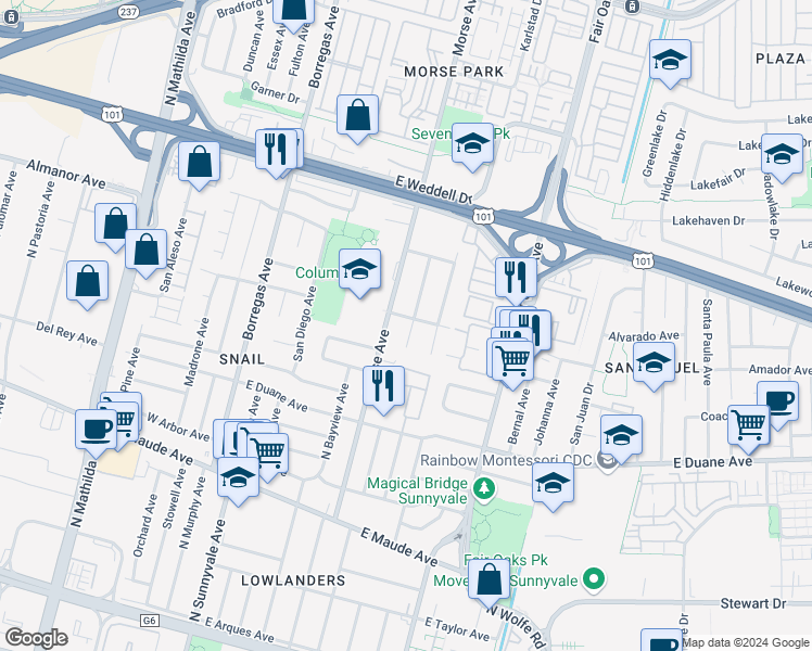 map of restaurants, bars, coffee shops, grocery stores, and more near 442 East Ferndale Avenue in Sunnyvale