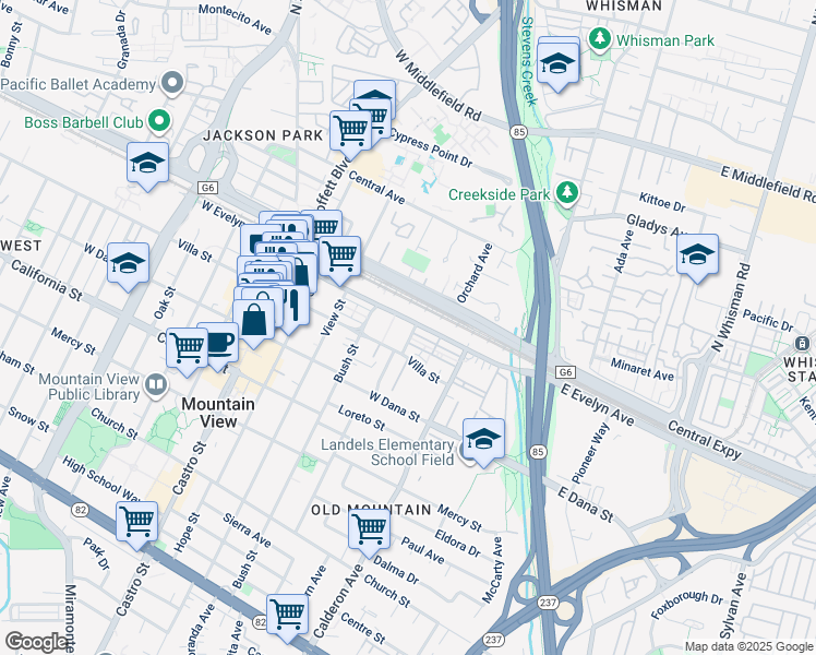 map of restaurants, bars, coffee shops, grocery stores, and more near 455 West Evelyn Avenue in Mountain View