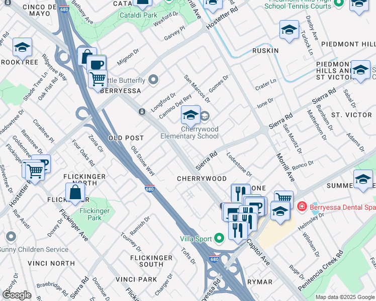 map of restaurants, bars, coffee shops, grocery stores, and more near 2423 Stearman Lane in San Jose