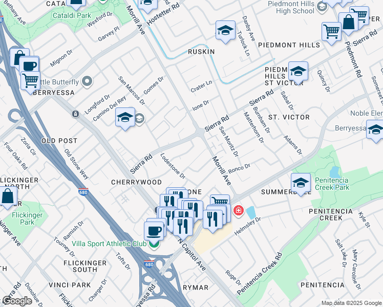 map of restaurants, bars, coffee shops, grocery stores, and more near 2664 Peridot Place in San Jose