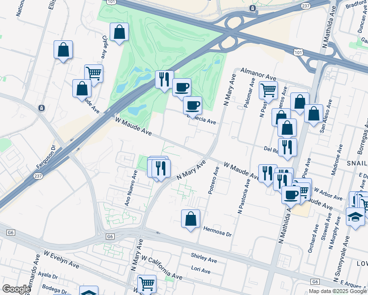 map of restaurants, bars, coffee shops, grocery stores, and more near 922 West Maude Avenue in Sunnyvale