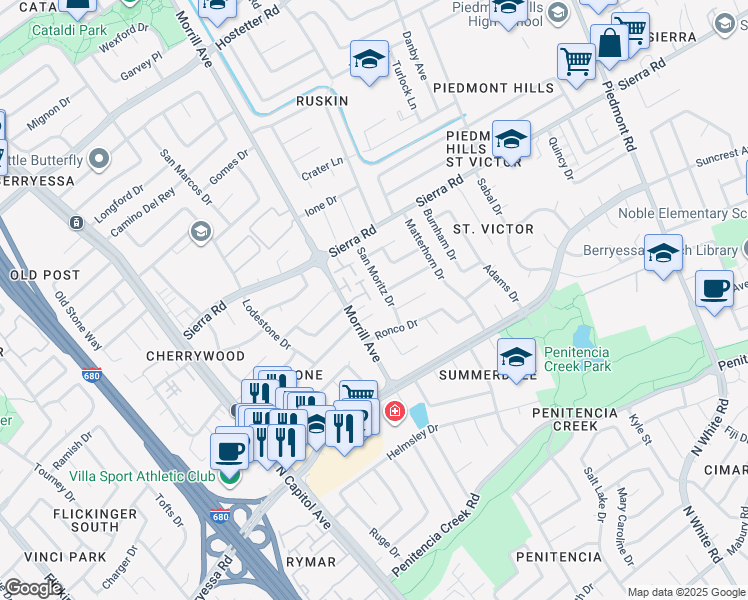 map of restaurants, bars, coffee shops, grocery stores, and more near 2616 Sierra Village Court in San Jose