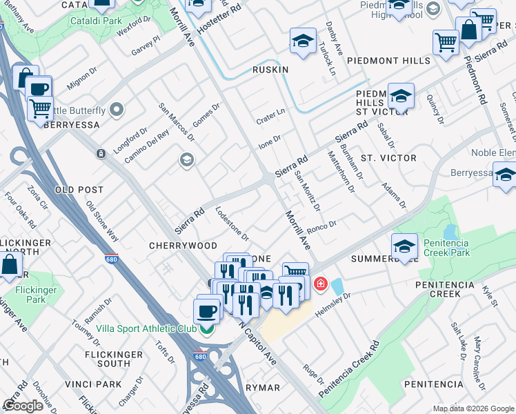map of restaurants, bars, coffee shops, grocery stores, and more near 2664 Peridot Place in San Jose