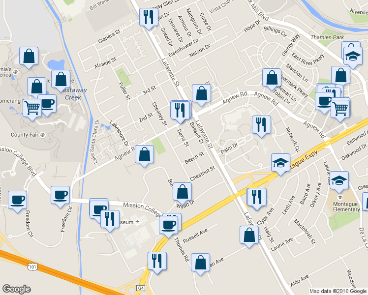 map of restaurants, bars, coffee shops, grocery stores, and more near 1913 Beech Street in Santa Clara