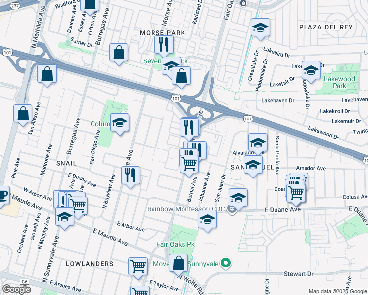 map of restaurants, bars, coffee shops, grocery stores, and more near 702 San Conrado Terrace in Sunnyvale