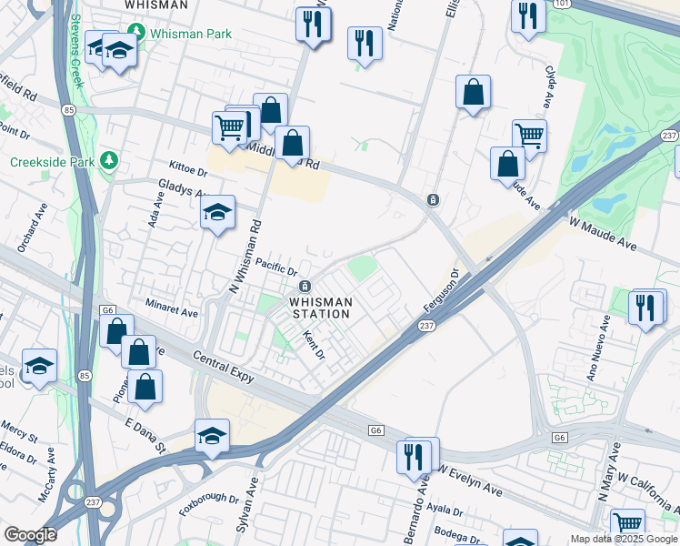 map of restaurants, bars, coffee shops, grocery stores, and more near 3502 Pyramid Way in Mountain View