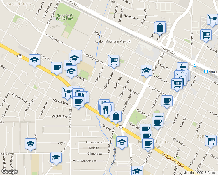 map of restaurants, bars, coffee shops, grocery stores, and more near 605 Mariposa Avenue in Mountain View