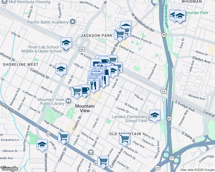 map of restaurants, bars, coffee shops, grocery stores, and more near 298 View Street in Mountain View