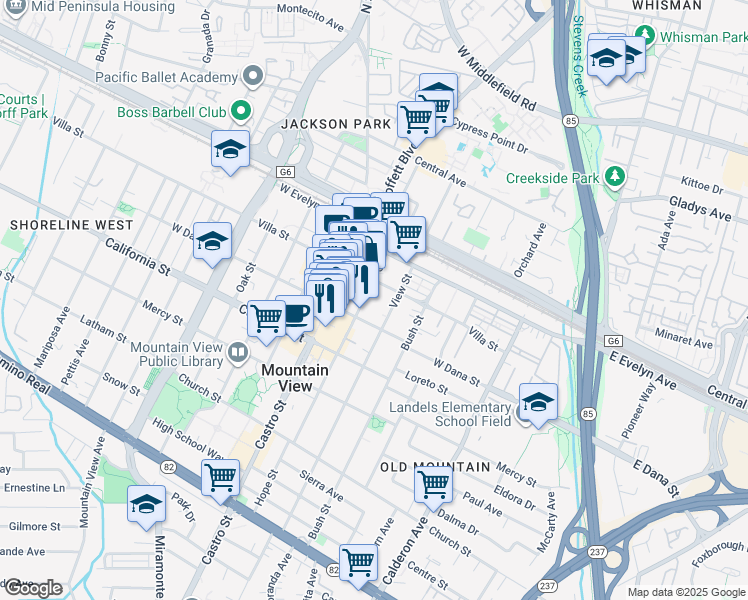 map of restaurants, bars, coffee shops, grocery stores, and more near 231 Hope Street in Mountain View