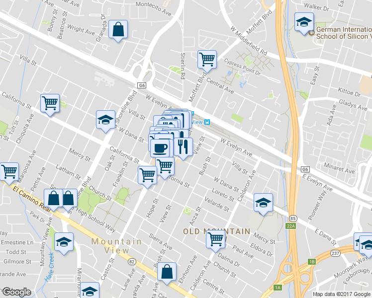 map of restaurants, bars, coffee shops, grocery stores, and more near 231 Hope Street in Mountain View