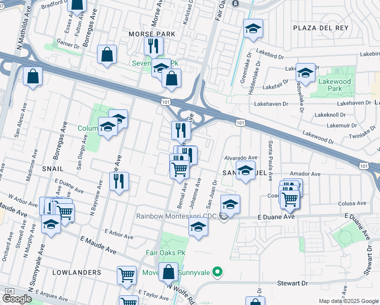 map of restaurants, bars, coffee shops, grocery stores, and more near 605 Arcadia Terrace in Sunnyvale