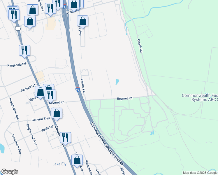 map of restaurants, bars, coffee shops, grocery stores, and more near 9930 Jean Drive in Richmond