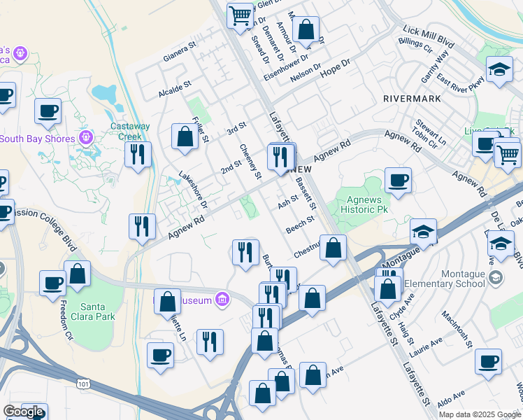 map of restaurants, bars, coffee shops, grocery stores, and more near 4224 Cheeney Street in Santa Clara