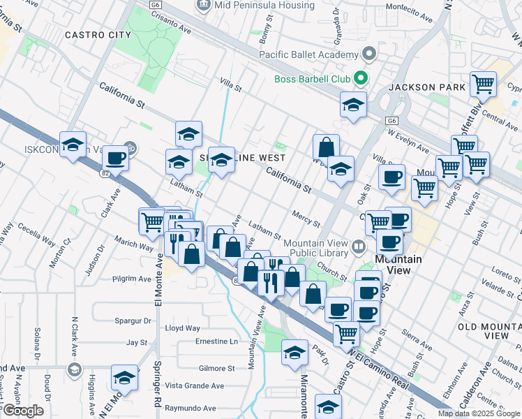 map of restaurants, bars, coffee shops, grocery stores, and more near 1492 Latham Street in Mountain View