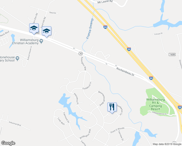 map of restaurants, bars, coffee shops, grocery stores, and more near 3909 Guildford Lane in Williamsburg