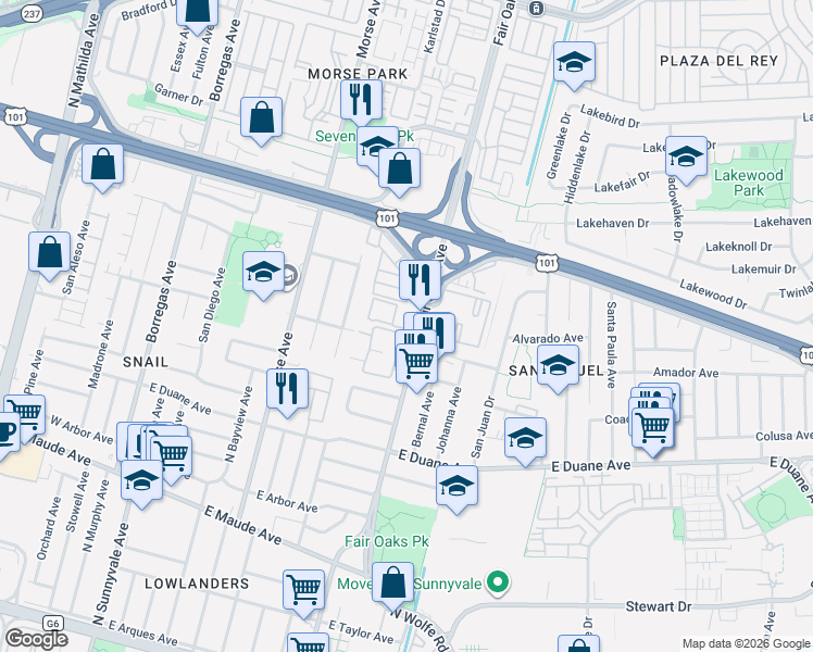 map of restaurants, bars, coffee shops, grocery stores, and more near 702 San Conrado Terrace in Sunnyvale