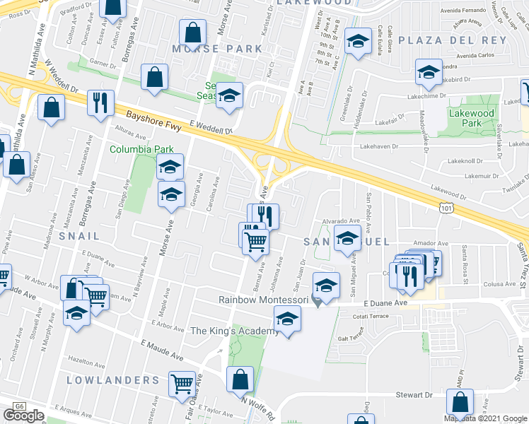 map of restaurants, bars, coffee shops, grocery stores, and more near 601 Arcadia Terrace in Sunnyvale