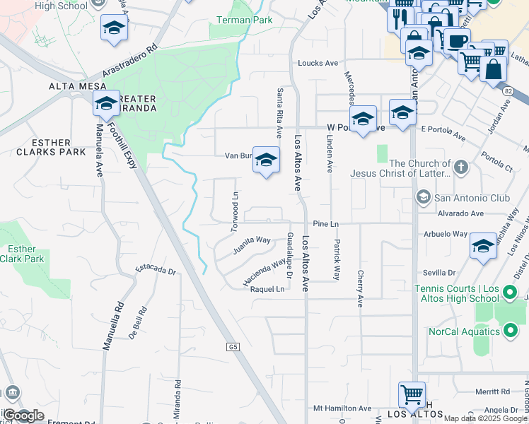 map of restaurants, bars, coffee shops, grocery stores, and more near 373 Pine Lane in Los Altos