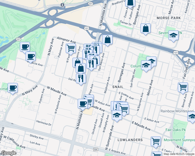 map of restaurants, bars, coffee shops, grocery stores, and more near 314 Harcot Terrace in Sunnyvale