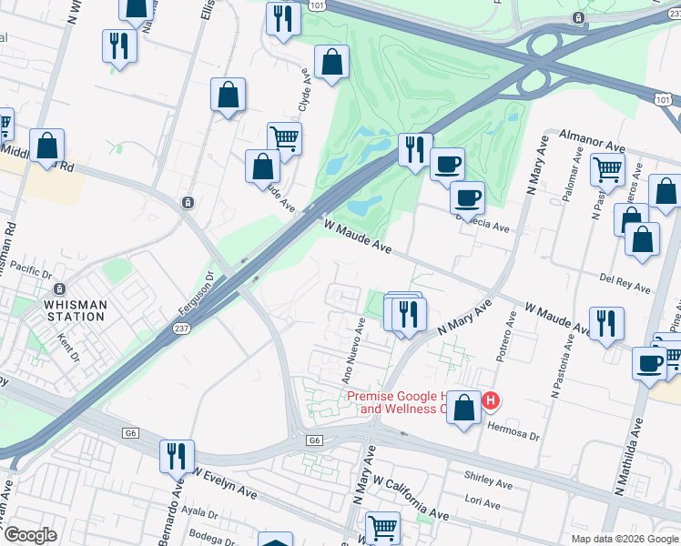 map of restaurants, bars, coffee shops, grocery stores, and more near 1040 West Maude Avenue in Sunnyvale