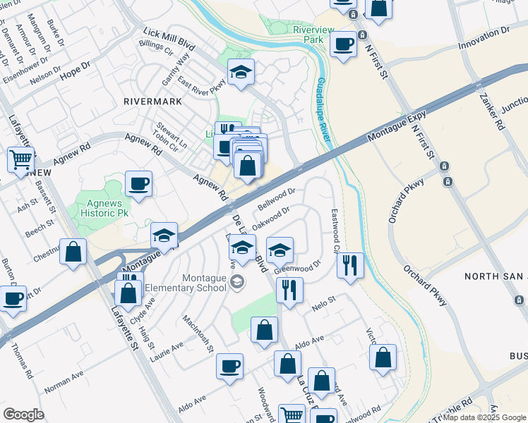 map of restaurants, bars, coffee shops, grocery stores, and more near 571 Bellwood Drive in Santa Clara