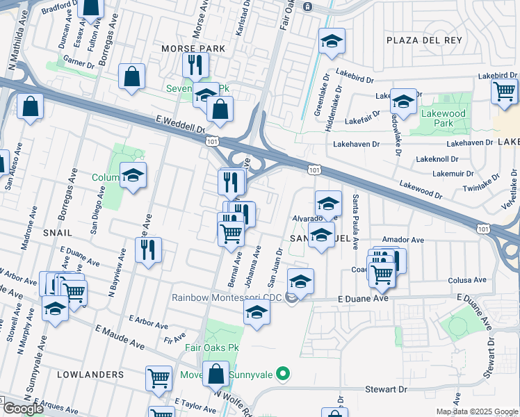 map of restaurants, bars, coffee shops, grocery stores, and more near 608 Arcadia Terrace in Sunnyvale