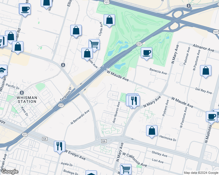 map of restaurants, bars, coffee shops, grocery stores, and more near 1100 West Maude Avenue in Mountain View