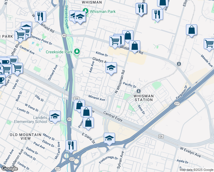 map of restaurants, bars, coffee shops, grocery stores, and more near 220 North Whisman Road in Mountain View