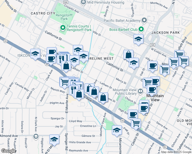 map of restaurants, bars, coffee shops, grocery stores, and more near 1631 Mercy Street in Mountain View