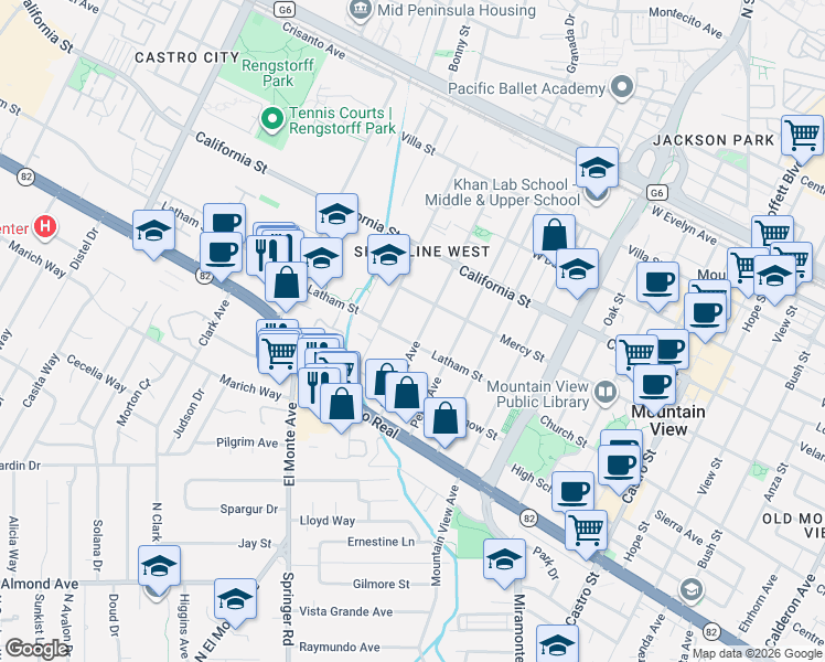 map of restaurants, bars, coffee shops, grocery stores, and more near 582 Mariposa Avenue in Mountain View