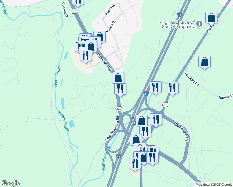 map of restaurants, bars, coffee shops, grocery stores, and more near 453-557 Roanoke Road in Daleville