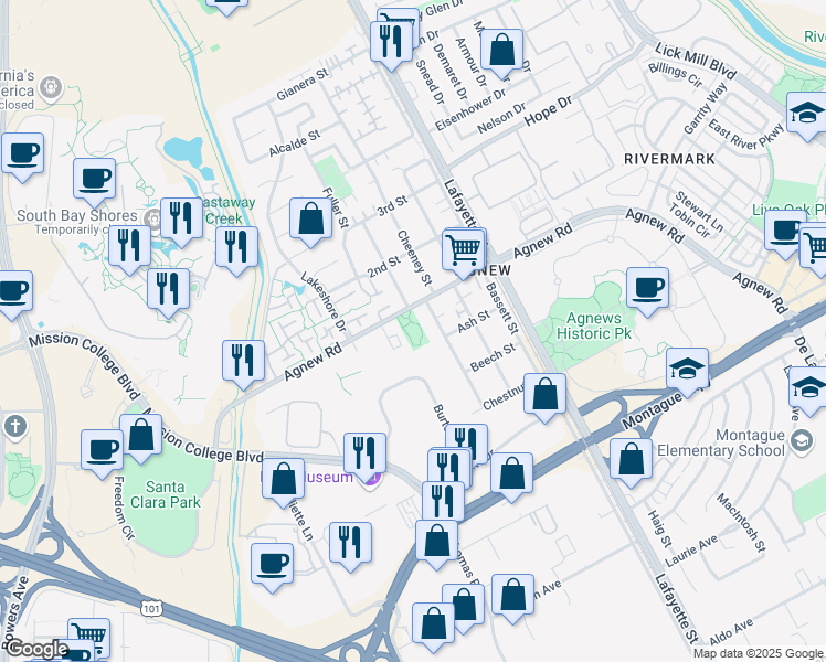 map of restaurants, bars, coffee shops, grocery stores, and more near 2150 Agnew Road in Santa Clara