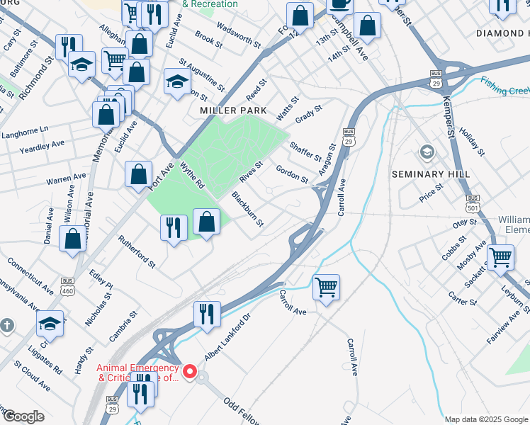 map of restaurants, bars, coffee shops, grocery stores, and more near 2832 Stadium Road in Lynchburg