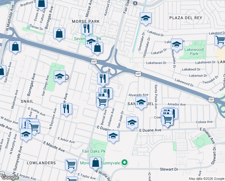 map of restaurants, bars, coffee shops, grocery stores, and more near 602 East Ahwanee Avenue in Sunnyvale