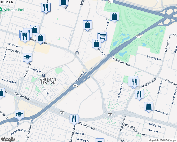 map of restaurants, bars, coffee shops, grocery stores, and more near 680 East Middlefield Road in Mountain View