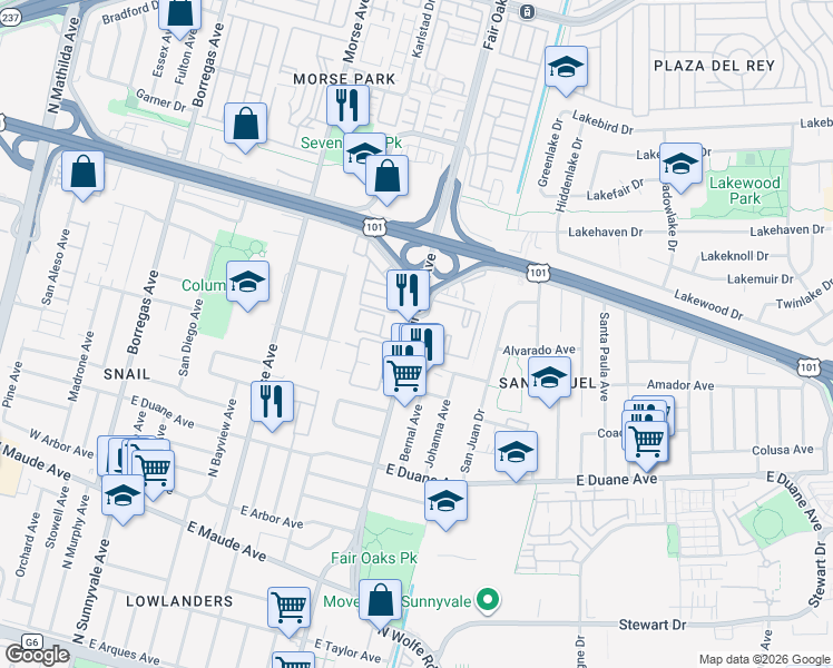 map of restaurants, bars, coffee shops, grocery stores, and more near 601 Arcadia Terrace in Sunnyvale