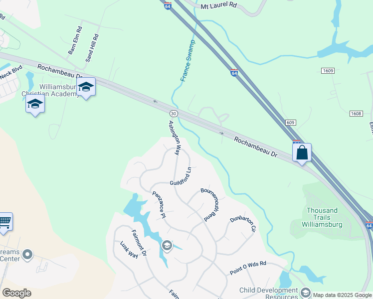 map of restaurants, bars, coffee shops, grocery stores, and more near 3905 Guildford Lane in Williamsburg