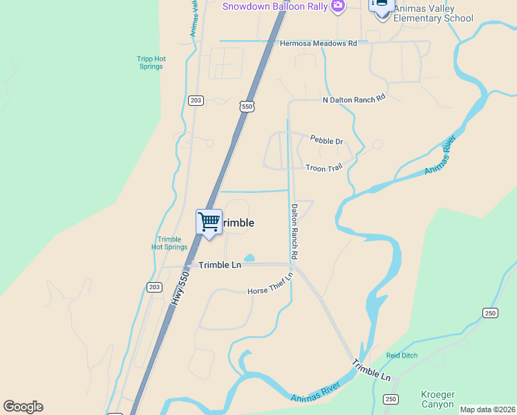 map of restaurants, bars, coffee shops, grocery stores, and more near 276 Trimble Crossing Drive in Durango