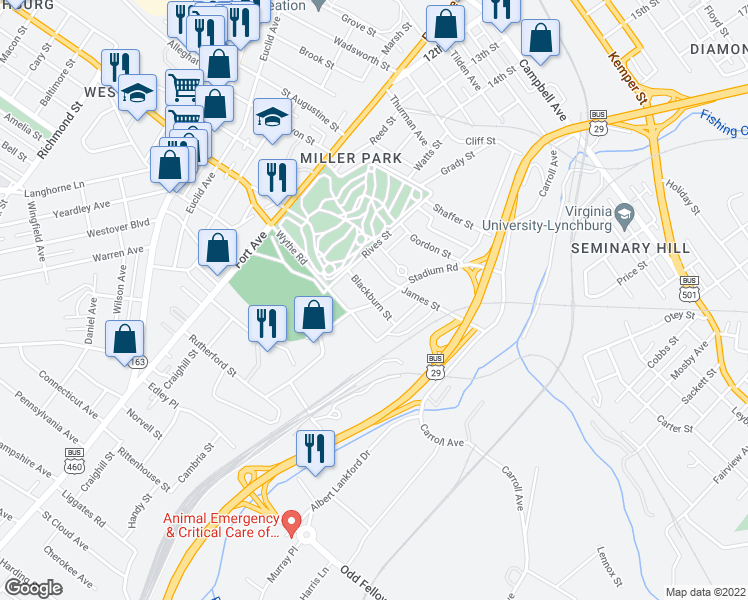map of restaurants, bars, coffee shops, grocery stores, and more near 1590 Blackburn Street in Lynchburg