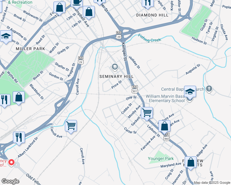 map of restaurants, bars, coffee shops, grocery stores, and more near 2341 Halifax Avenue in Lynchburg