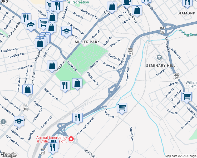 map of restaurants, bars, coffee shops, grocery stores, and more near 2832 Stadium Road in Lynchburg