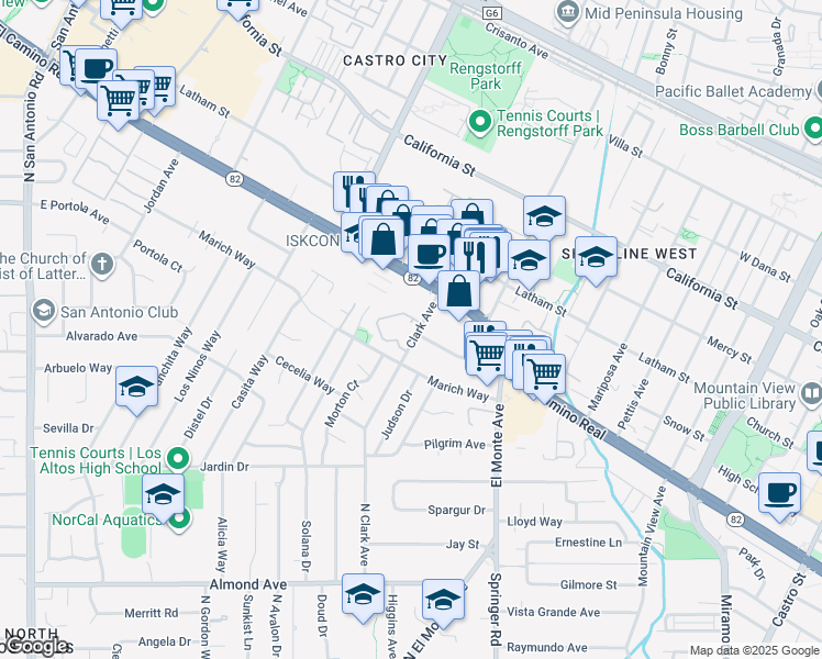 map of restaurants, bars, coffee shops, grocery stores, and more near 938 Clark Avenue in Mountain View